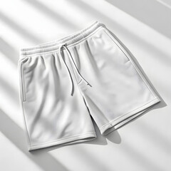 White athletic shorts with a drawstring waistband and pockets, isolated on a light background