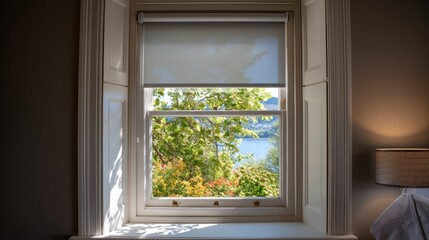 Serene lake view through a window with light-filtering shades