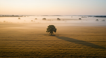 Lone tree in a vast open field with soft light, serene rural landscape