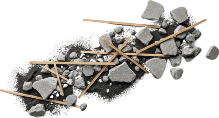 Pile of grey stones pebbles and wooden sticks on dark sand with a to isolate