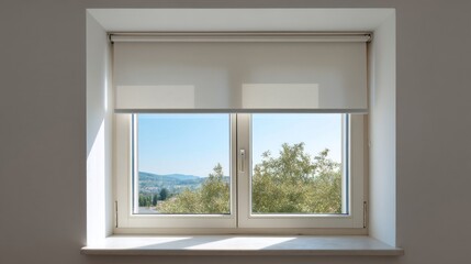 Interior window with light beige blinds, showcasing a scenic view