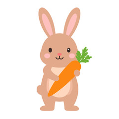 Obraz premium Cute brown cartoon rabbit with rosy cheeks standing and holding a large orange carrot.