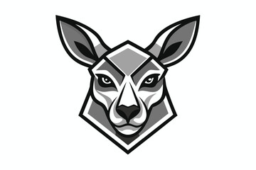 Stylized kangaroo head stares intensely with sharp eyes in monochrome colors, isolated on white