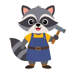 Fototapeta premium Smiling cartoon raccoon builder with a striped tail, wearing overalls and holding a hammer.