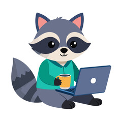 Cute cartoon raccoon in a teal shirt sitting with a blue laptop and holding a yellow mug.