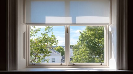 Fototapeta premium Sunlight streams through a window, revealing a cityscape and lush greenery