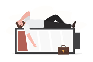 Businessman with low battery, business man without energy. Break time. Fatigue and depression. Burnout, overload, unproductive. Tired worker man lying on empty battery.