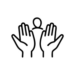 Obraz premium Raised hands supporting person icon in minimal line style