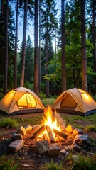 Fotobehang Two camping tents by a crackling campfire in a forest at twilight © Karep