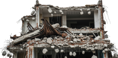Ruined building with rubble broken concrete metal debris and dangling rebar pieces isolate