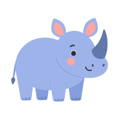 Naklejka premium Cute periwinkle cartoon rhinoceros with pink cheeks and a friendly smile. Adorable flat vector illustration of a baby rhino character.