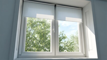 Double window with white roller shades, sunny day view