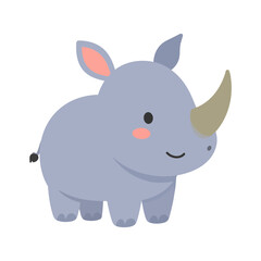 Fototapeta premium Adorable light blue baby rhino illustration with pink cheeks, a friendly smile, and a single horn.