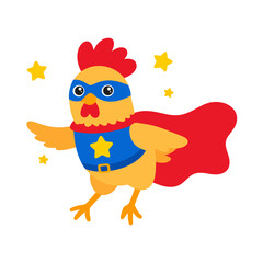 Funny chicken superhero in a blue suit, mask, and red cape flying with stars.