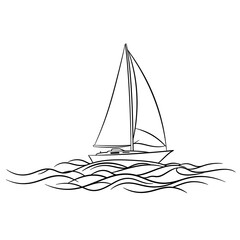 Illustration of a sailboat on wavy water, depicted with clean, black outline against a white background.