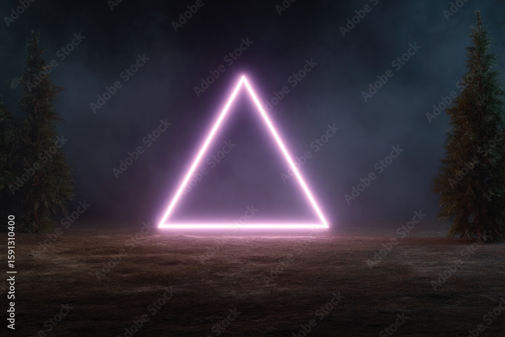 Poster glowing triangle illuminated in foggy forest, creating mystical