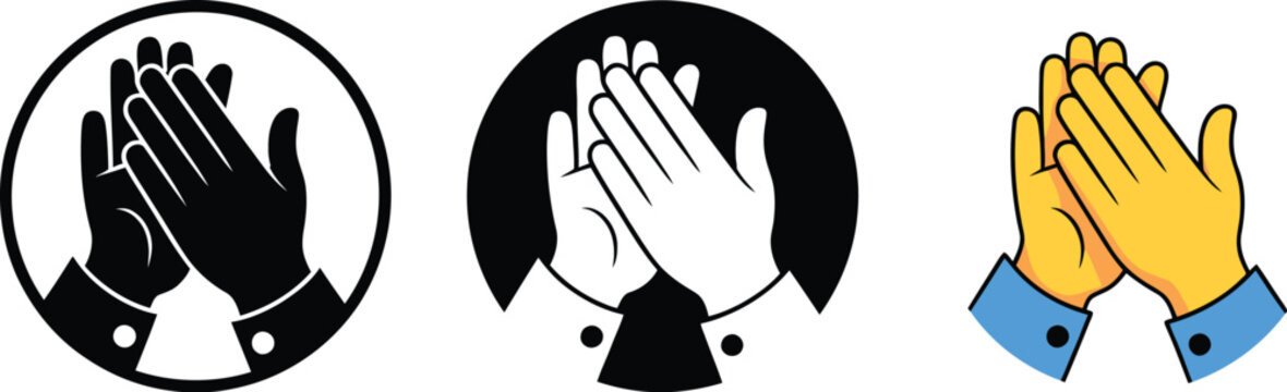Three variations of clapping hands icons in black and white and yellow with blue sleeves on white background