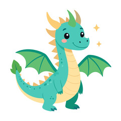 Obraz premium Cute standing cartoon dragon with teal skin, green wings, and a friendly smile.