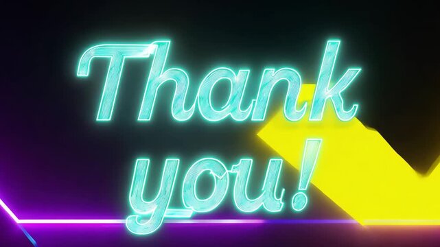 Neon thank you sign appearing on a black background with colorful light trails