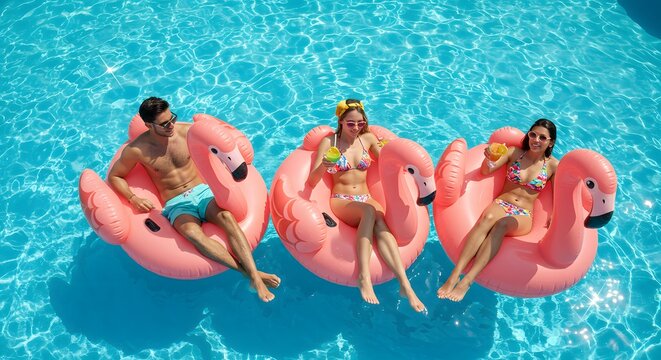 Group of friends enjoying a sunny day on inflatable flamingo pool floats with refreshing drinks in a swimming pool.