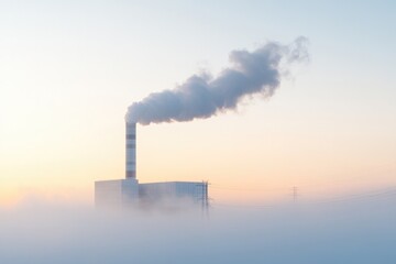 Industrial plant rises through fog, emitting smoke against soft