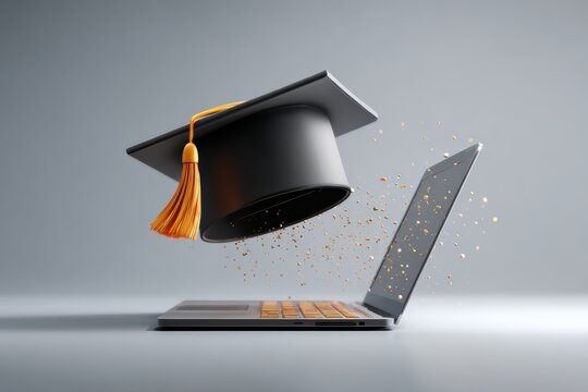 Graduation cap hovers over a laptop with golden specks on gray background. It symbolizes online education, e-learning, and academic success.