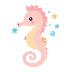 Fototapeta premium Adorable pink cartoon seahorse with a yellow belly, blushing cheek, and curled tail, illustrated in a cute, flat style.