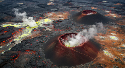Volcanic crater lake with glowing lava, dramatic and powerful landscape