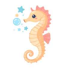 Fototapeta premium Cute orange seahorse cartoon with pink fins and a curled tail, blowing bubbles among blue stars.