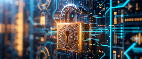 abstract block chain technology digital 3d cyber security system with golden glowing shiny metal lock on the middle dark purple golden silver lock with deep key hole shine shimmering micro glowing sys