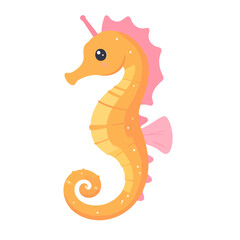 Fototapeta premium Cute cartoon seahorse character in orange and pink with a curled tail and happy expression.