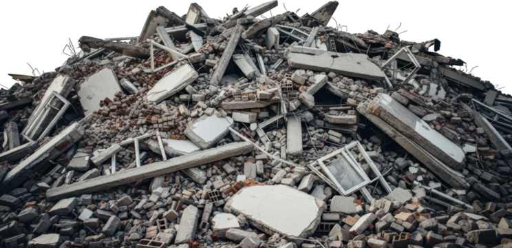 Pile of demolition debris with broken concrete bricks and window frames isolate transparent background