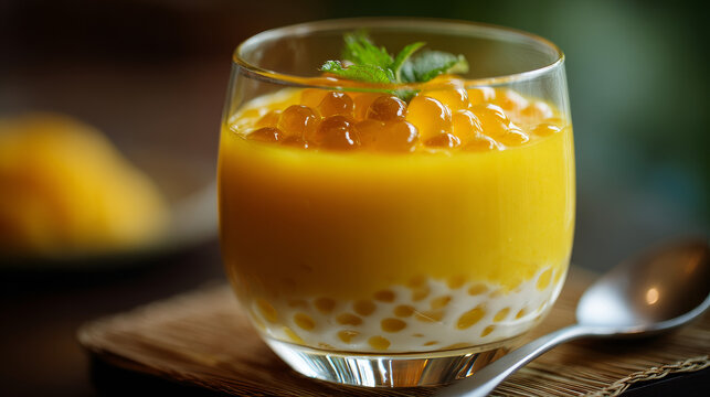 Mango dessert topped with chewy taro pearls