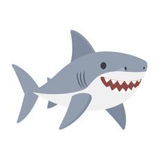 Cute grey cartoon shark illustration with a friendly smile and sharp, jagged teeth.