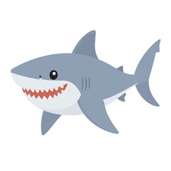 Obraz premium Cute cartoon shark with a wide, toothy smile. A friendly grey sea predator character illustration with big eyes and gills.