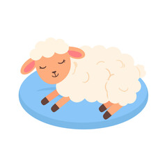 Fototapeta premium Cute cartoon sheep with fluffy white wool sleeping peacefully on a soft blue pillow.