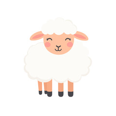 Obraz premium Charming flat illustration of a cute smiling sheep. Adorable lamb character with fluffy white fleece, pink cheeks, and a happy expression.
