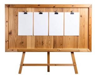 Classic Wooden Presentation Board with Paper Sheets, Front View, isolated on transparent background.