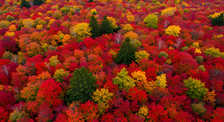 Vibrant autumn forest with rich red and orange foliage, natural beauty