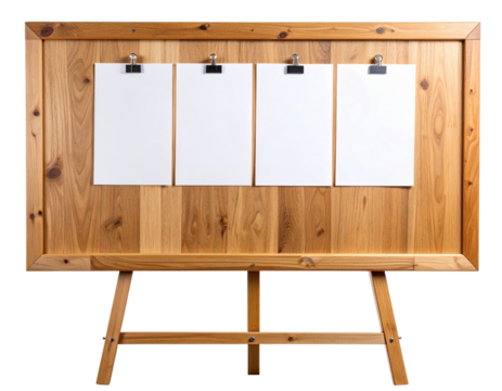 Classic Wooden Presentation Board with Paper Sheets, Front View, isolated on transparent background.