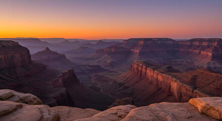 Mountain valley at sunset with vibrant colors, majestic and serene landscape