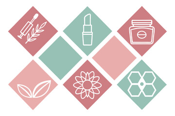 Cosmetics and natural ingredients icons on pastel diamond background