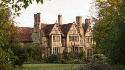 Grand Manor House in Lush Greenery: An impressive and historic manor house, featuring intricate architectural details, stands proudly amidst verdant landscaping.