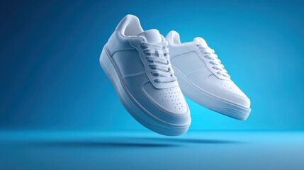 Pair of stylish, white sneakers, floating mid-air