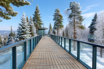 Wooden walkway leading to modern building in snowy winter forest