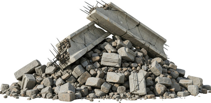 Pile of concrete rubble and rebar from demolished building isolate debris