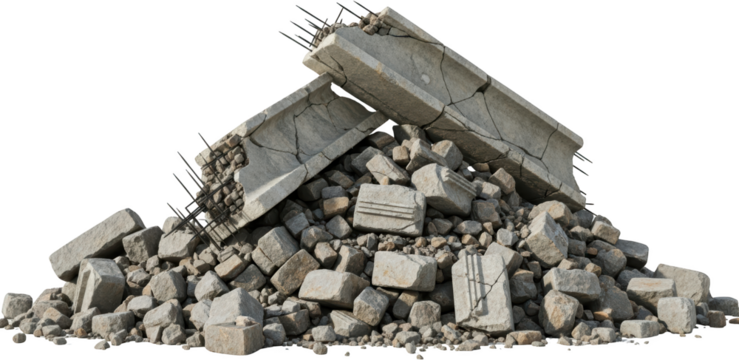 Pile of concrete rubble and rebar from demolished building isolate debris