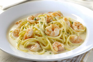 Creamy shrimp scampi pasta served on a white plate showcases delicious seafood and Italian cuisine for a satisfying meal.