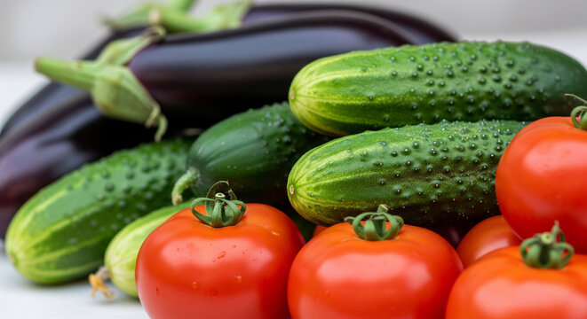 Closeup of assorted fresh summer vegetables: tomatoes, cucumbers and eggplant
