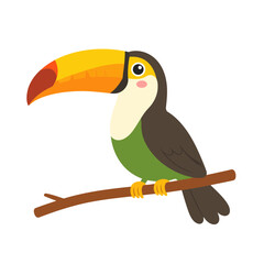 Fototapeta premium Cute cartoon toucan with a large, colorful yellow and orange beak, perched on a simple brown tree branch.